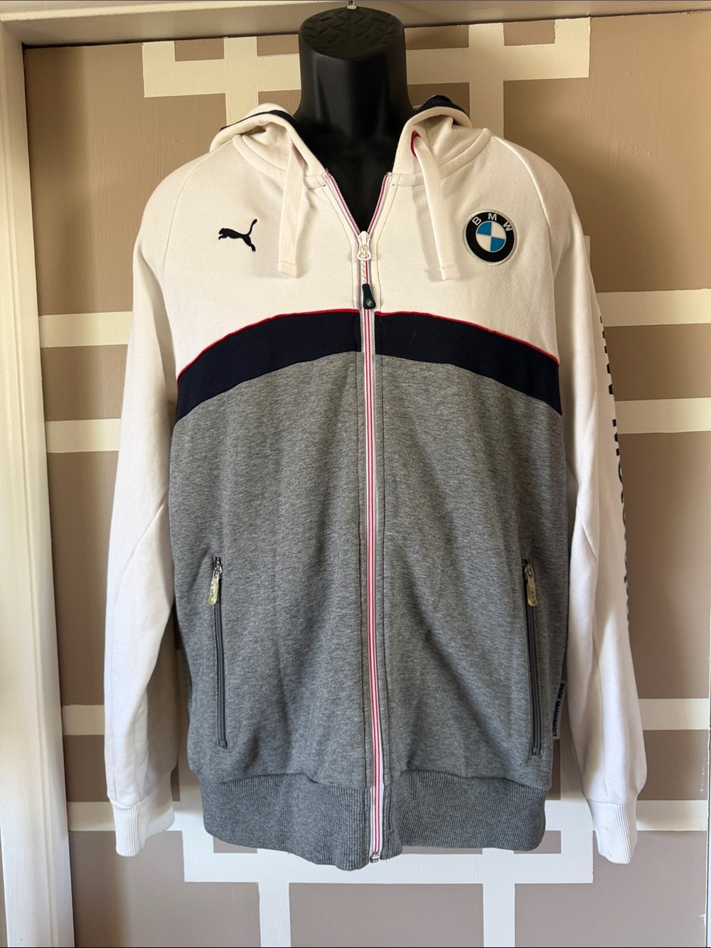 Puma Men's BMW White, Gray & Navy Zip Hooded Sweat Jacket, NEAR NEW Sz M